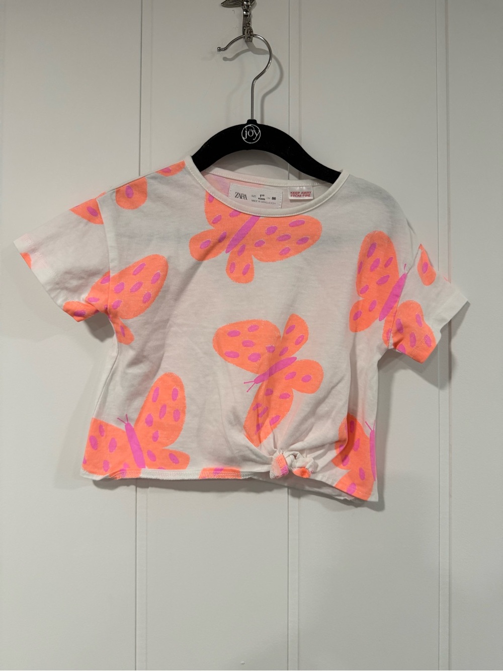 Zara White Tee with Neon Orange & Pink Butterfly Motif